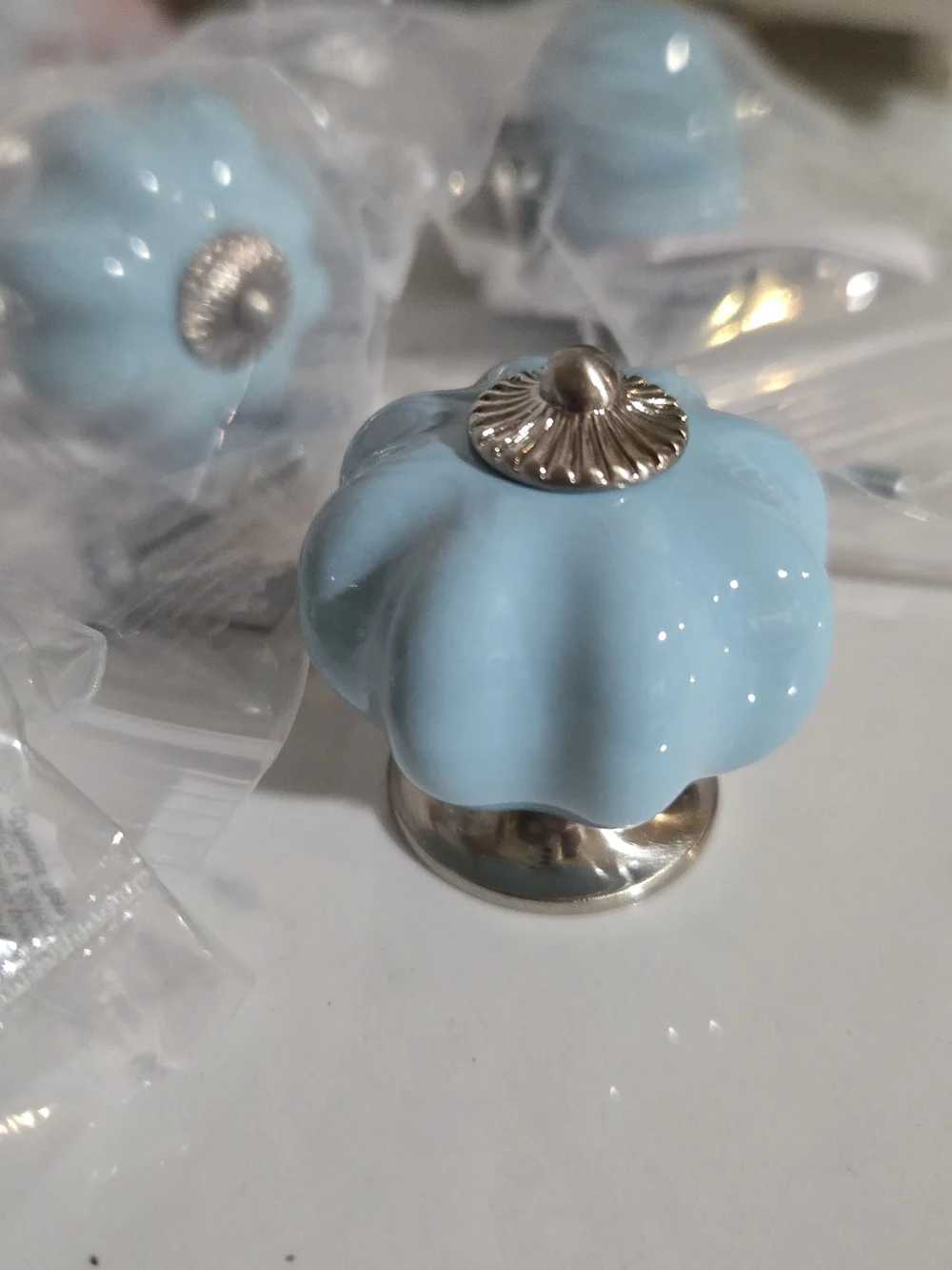liberty Light Blue Ceramic Pumpkin Knob with Silver Accent